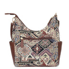Women’s geometric tapestry hobo sling bag with leather trim for daily, office, travel, and everyday use-back view