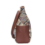 Women’s geometric tapestry hobo sling bag with leather trim for daily, office, travel, and everyday use-side view