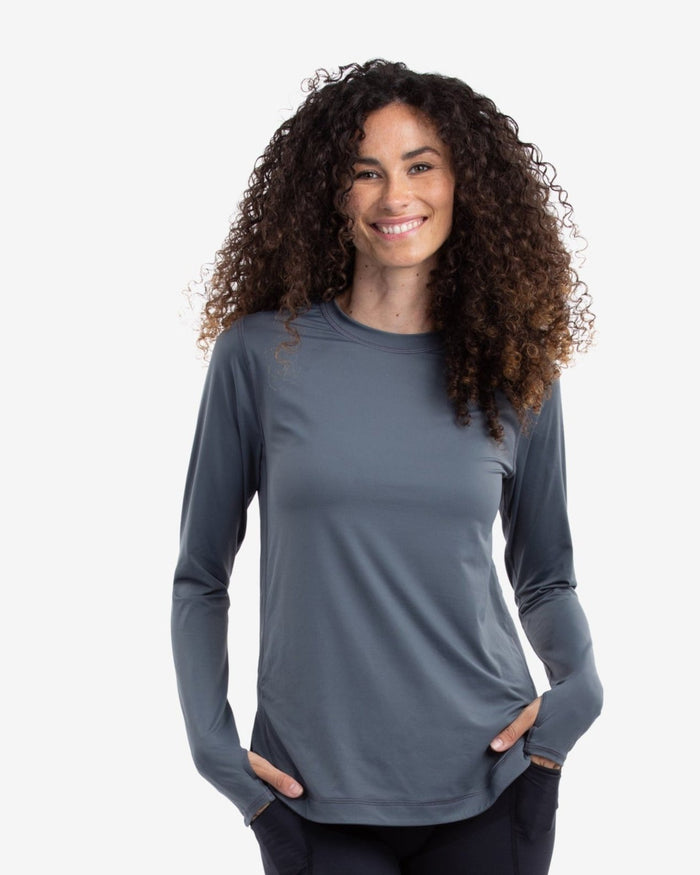 Women wearing smoke relaxed scallop top with black tights. (Style 2015) - BloqUV